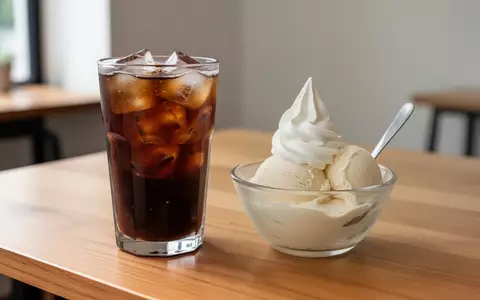 Zwei verschiedene Varianten von Eiskaffee auf einem Holztisch: Ein Glas mit Eiskaffee und ein Dessert mit Vanilleeis. - Foto: über boerse-global.de