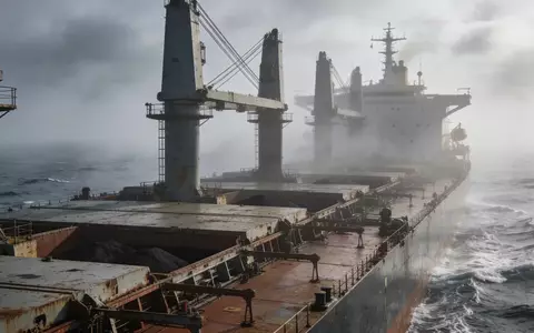 Ein großes Massengutfrachter-Schiff auf dem offenen Meer bei nebligem Wetter. - Foto: über boerse-global.de