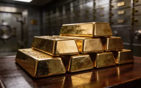 Mehrere gestapelte Goldbarren in einem Tresorraum bei gedimmter, natĂŒrlicher Beleuchtung. - Foto: ĂŒber boerse-global.de