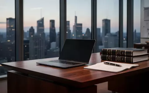 Modernes, minimalistisches Anwaltsbüro mit einem geschlossenen Laptop und juristischen Dokumenten auf einem Schreibtisch. - Foto: über boerse-global.de