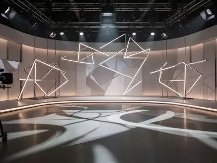 Modernes Fernsehstudio mit minimalistischem Bühnendesign und geometrischen Lichtinstallationen. - Foto: über boerse-global.de