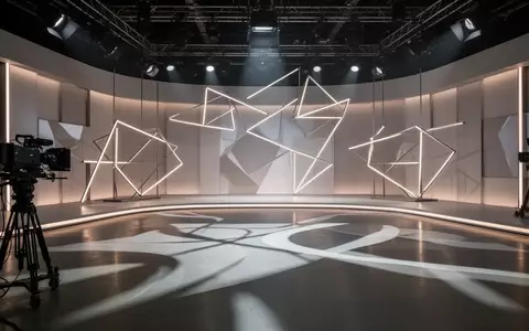 Modernes Fernsehstudio mit minimalistischem Bühnendesign und geometrischen Lichtinstallationen. - Foto: über boerse-global.de