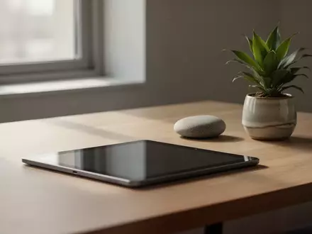 Ein minimalistischer, moderner Arbeitsplatz mit einem inaktiven Tablet, einem glatten Kieselstein und einer Pflanze. - Foto: über boerse-global.de