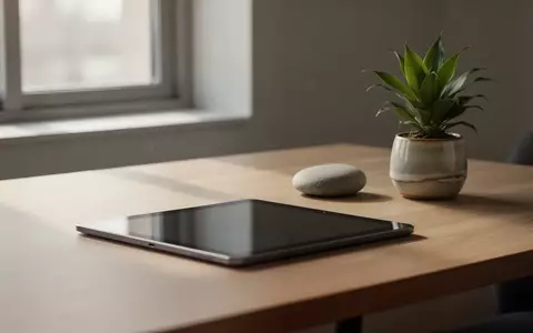 Ein minimalistischer, moderner Arbeitsplatz mit einem inaktiven Tablet, einem glatten Kieselstein und einer Pflanze. - Foto: über boerse-global.de