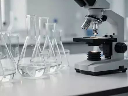 Moderne Laborausstattung mit Glasgeräten und einem Mikroskop in einer sterilen, klinischen Umgebung. - Foto: über boerse-global.de
