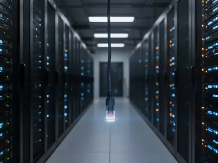 Dunkler Serverraum mit blinkenden Leuchten an Server-Racks und einem herabhängenden Netzwerkkabel. - Foto: über boerse-global.de