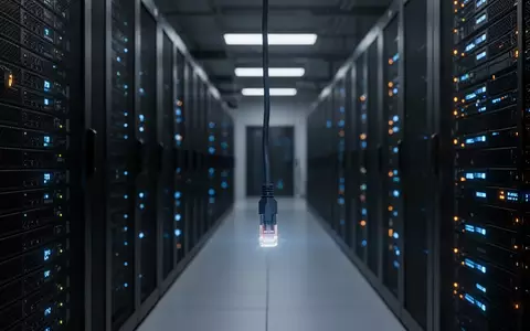 Dunkler Serverraum mit blinkenden Leuchten an Server-Racks und einem herabhängenden Netzwerkkabel. - Foto: über boerse-global.de