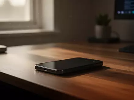 Ein Smartphone liegt auf einem Schreibtisch in einem schummrig beleuchteten Raum. - Foto: über boerse-global.de