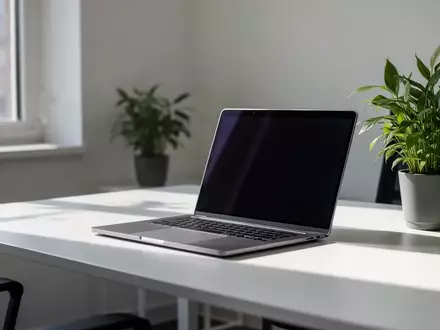 Ein moderner, minimalistischer Büroarbeitsplatz mit leerem Schreibtisch und einem Laptop mit dunklem Bildschirm. - Foto: über boerse-global.de
