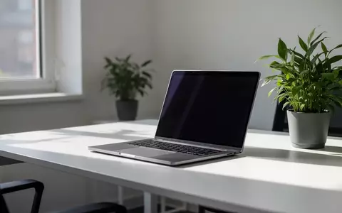 Ein moderner, minimalistischer Büroarbeitsplatz mit leerem Schreibtisch und einem Laptop mit dunklem Bildschirm. - Foto: über boerse-global.de