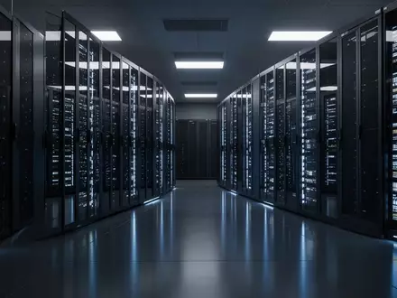 Ein moderner Serverraum mit blau leuchtenden Status-LEDs an den Schaltschränken der Mobilfunkinfrastruktur. - Foto: über boerse-global.de