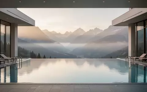 Leerer Infinity-Pool eines Hotels mit Blick auf eine neblige Berglandschaft bei Sonnenaufgang. - Foto: über boerse-global.de