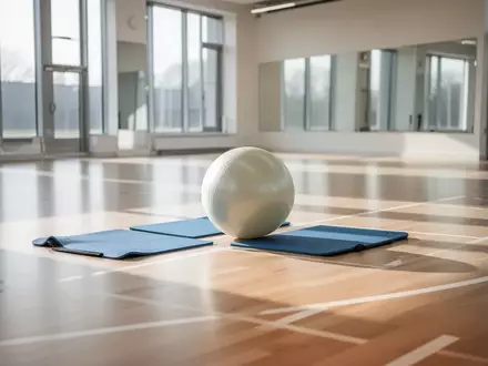 Ein heller, moderner Gymnastikraum mit Sportmatten und einem Balanceball auf dem Holzboden. - Foto: über boerse-global.de