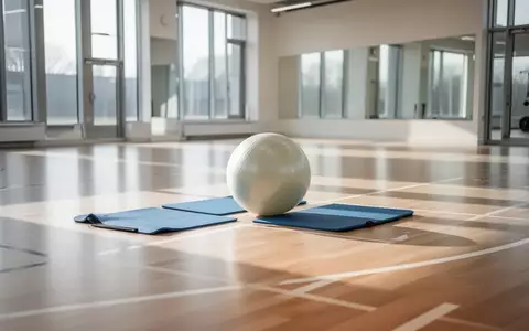 Ein heller, moderner Gymnastikraum mit Sportmatten und einem Balanceball auf dem Holzboden. - Foto: über boerse-global.de