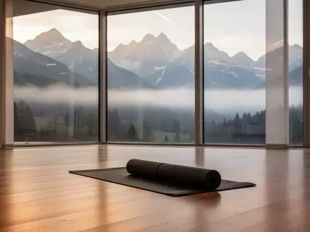 Ein minimalistischer, ruhiger Yoga-Raum mit Holzboden und Blick auf eine neblige Alpenlandschaft bei Morgenlicht. - Foto: über boerse-global.de