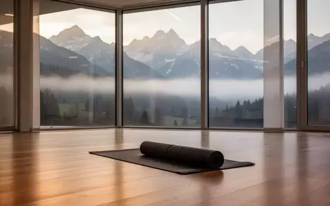 Ein minimalistischer, ruhiger Yoga-Raum mit Holzboden und Blick auf eine neblige Alpenlandschaft bei Morgenlicht. - Foto: über boerse-global.de