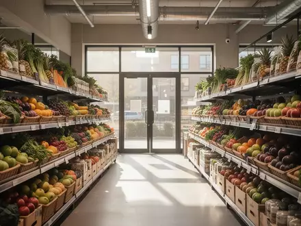Ordentlich sortierte Regale mit frischem Obst und Gemüse in einem modernen Supermarkt bei Tageslicht. - Foto: über boerse-global.de