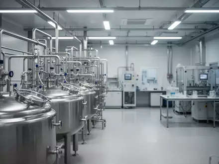 Moderne, sterile Produktionsanlagen in einem deutschen pharmazeutischen Betrieb mit Edelstahltanks und Rohrleitungen. - Foto: über boerse-global.de