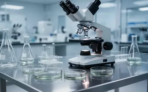 Ein wissenschaftliches Labor mit einem Mikroskop und Glasgefäßen auf einem Edelstahltisch, fokussiert auf molekularbiologische Forschung. - Foto: über boerse-global.de