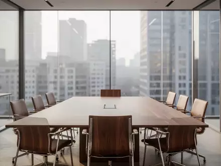Ein minimalistischer, leerer Konferenzraum mit Glaswänden und Blick auf eine moderne Stadtarchitektur bei Tageslicht. - Foto: über boerse-global.de