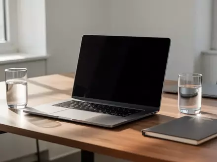 Ein minimalistischer Büro-Arbeitsplatz mit einem Laptop auf einem Holztisch bei natürlichem Tageslicht. - Foto: über boerse-global.de