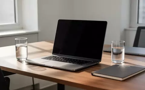 Ein minimalistischer Büro-Arbeitsplatz mit einem Laptop auf einem Holztisch bei natürlichem Tageslicht. - Foto: über boerse-global.de
