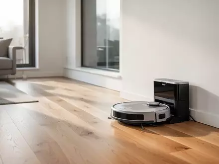 Ein moderner Saugroboter in seiner Ladestation auf einem hellen Holzboden in einem minimalistisch eingerichteten Wohnraum. - Foto: über boerse-global.de