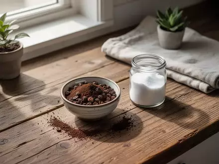 Getrockneter Kaffeesatz in einer Keramikschale neben Natron und einer Zimmerpflanze auf einem Holztisch. - Foto: über boerse-global.de