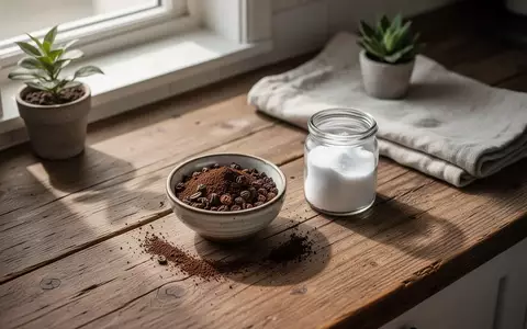 Getrockneter Kaffeesatz in einer Keramikschale neben Natron und einer Zimmerpflanze auf einem Holztisch. - Foto: über boerse-global.de