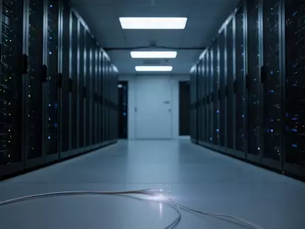 Ein moderner Serverraum mit dunklen Serverschränken und blauer Beleuchtung, der die kritische digitale Infrastruktur symbolisiert. - Foto: über boerse-global.de