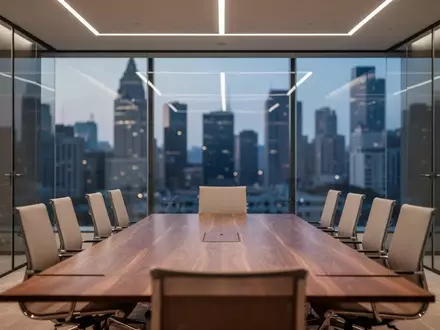 Modernes, minimalistisches Büro mit Konferenztisch und Blick auf eine verschwommene Stadtlandschaft bei Dämmerung. - Foto: über boerse-global.de