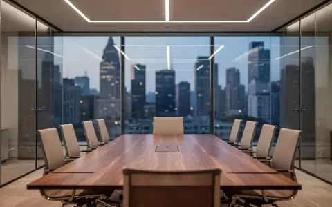 Modernes, minimalistisches Büro mit Konferenztisch und Blick auf eine verschwommene Stadtlandschaft bei Dämmerung. - Foto: über boerse-global.de