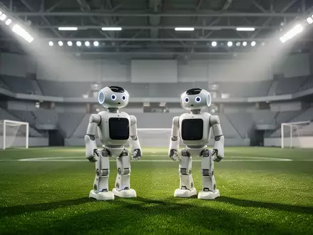Zwei humanoide Roboter auf einem Kunstrasenfeld in einer modernen Sportarena. - Foto: über boerse-global.de
