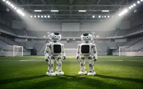 Zwei humanoide Roboter auf einem Kunstrasenfeld in einer modernen Sportarena. - Foto: über boerse-global.de