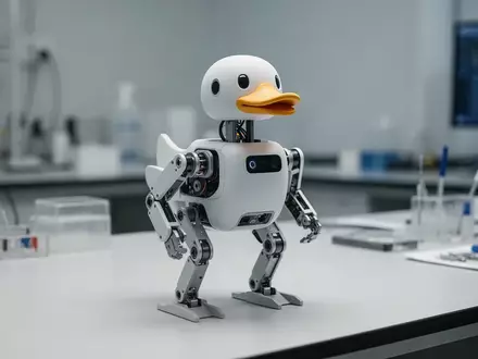 Ein kleiner zweibeiniger Roboter mit entenähnlichem Design steht auf einem sauberen Labortisch. - Foto: über boerse-global.de