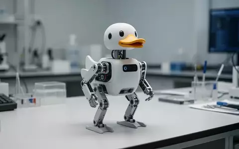 Ein kleiner zweibeiniger Roboter mit entenähnlichem Design steht auf einem sauberen Labortisch. - Foto: über boerse-global.de