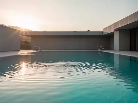 Ein leeres, modernes Außenbecken mit klarem, türkisblauem Wasser im sanften Morgenlicht. - Foto: über boerse-global.de