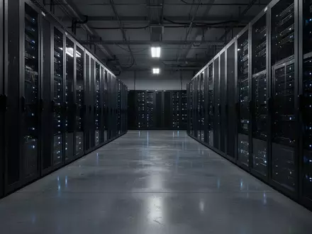 Reihen von modernen Server-Racks in einem KI-Rechenzentrum mit dezenter blauer Beleuchtung. - Foto: über boerse-global.de