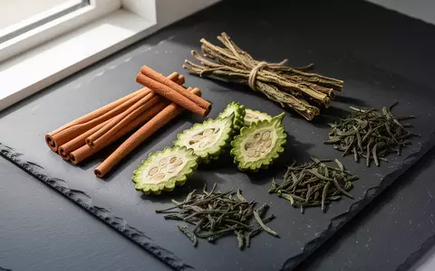 Nahaufnahme von getrockneten Kräutern und Gewürzen wie Zimt und Bittermelone auf einer dunklen Schieferplatte. - Foto: über boerse-global.de