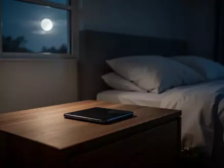 Ein Smartphone liegt verdeckt auf einem Nachttisch in einem abgedunkelten Schlafzimmer bei Mondlicht. - Foto: über boerse-global.de