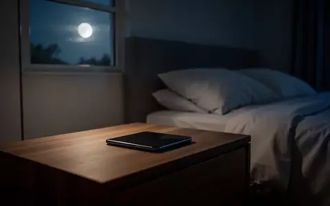 Ein Smartphone liegt verdeckt auf einem Nachttisch in einem abgedunkelten Schlafzimmer bei Mondlicht. - Foto: über boerse-global.de