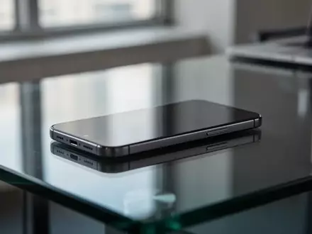 Ein modernes Smartphone auf einem glatten, dunklen Schreibtisch in einer professionellen Büroumgebung. - Foto: über boerse-global.de