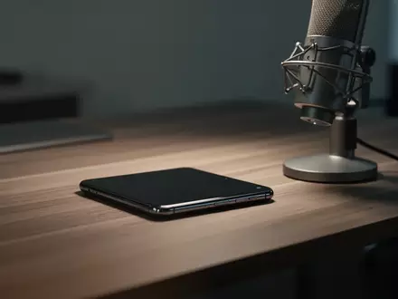 Ein modernes Smartphone und ein professionelles Mikrofon auf einem schlichten Schreibtisch in einem Büro. - Foto: über boerse-global.de