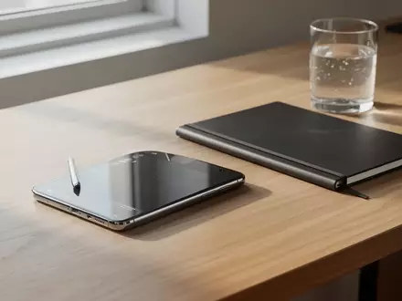 Ein minimalistischer Arbeitsplatz mit einem Smartphone und einem Notizbuch auf einem Holztisch bei natürlichem Licht. - Foto: über boerse-global.de