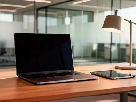 Ein minimalistischer Arbeitsplatz mit einem Laptop mit ausgeschaltetem Bildschirm und einer Schreibtischlampe. - Foto: über boerse-global.de