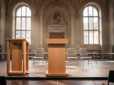 Ein leeres Rednerpult mit vier Stühlen in einem hellen, festlichen Veranstaltungssaal vor einer Bürgermeisterwahl. - Foto: über boerse-global.de
