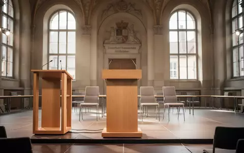 Ein leeres Rednerpult mit vier Stühlen in einem hellen, festlichen Veranstaltungssaal vor einer Bürgermeisterwahl. - Foto: über boerse-global.de