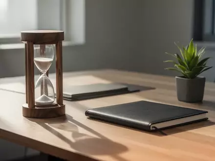 Ein minimalistischer Büroarbeitsplatz mit einer Sanduhr und einem Notizbuch in natürlichem, weichem Tageslicht. - Foto: über boerse-global.de