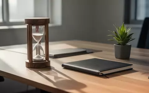 Ein minimalistischer Büroarbeitsplatz mit einer Sanduhr und einem Notizbuch in natürlichem, weichem Tageslicht. - Foto: über boerse-global.de