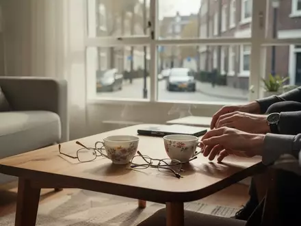 Zwei Teetassen und eine Lesebrille auf einem Holztisch in einem hellen, freundlichen Wohnzimmer. - Foto: über boerse-global.de